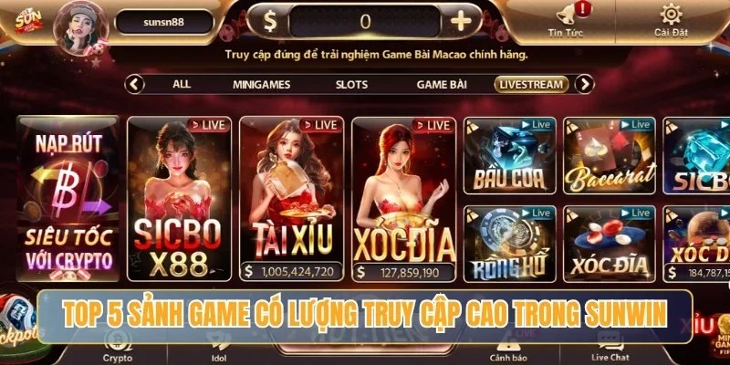 Top 5 sảnh game có lượng truy cập cao trong Sunwin